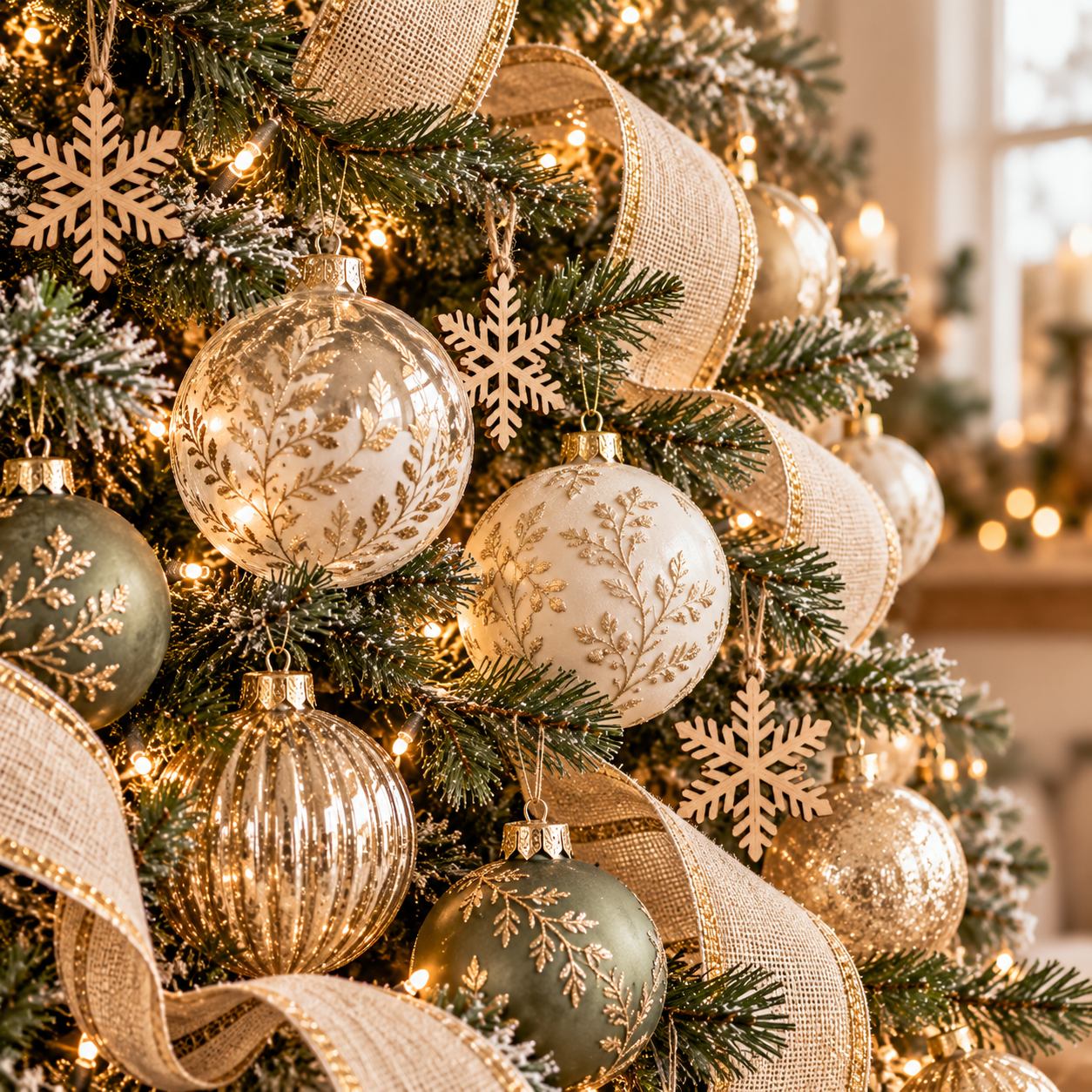 Elegant Christmas tree decorations featuring champagne gold and sage green ball ornaments, delicate wooden snowflakes, burlap ribbon, and warm twinkling lights on a rustic farmhouse Christmas tree.