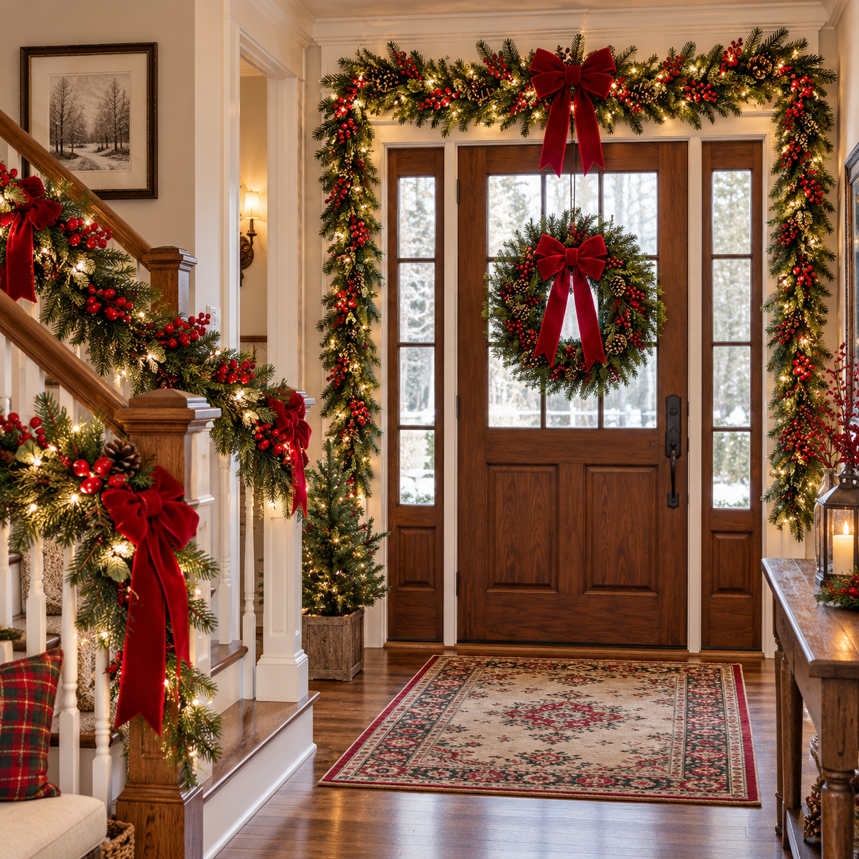 Christmas entryway decorated with lush evergreen garlands, red velvet bows, twinkling lights, and festive greenery along the staircase and wooden front door.