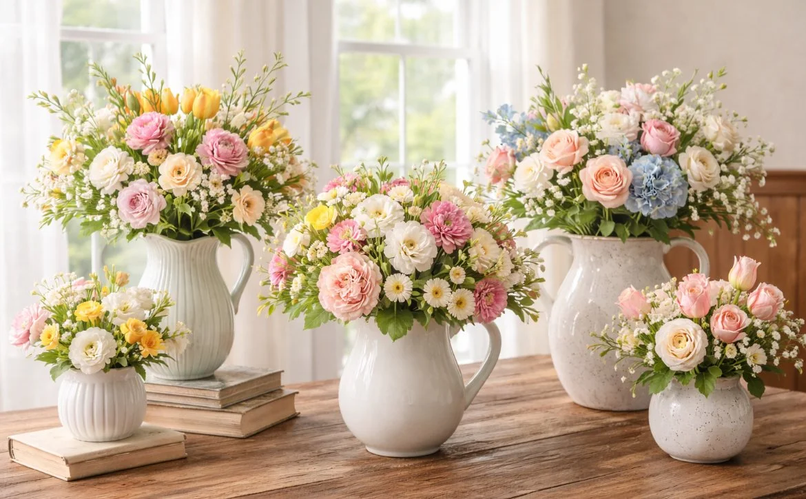 multiple white vases with flowers spring home decor