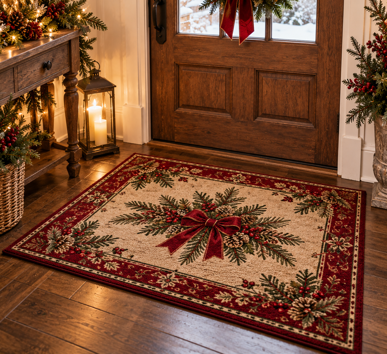 Rustic farmhouse Christmas rug with a red border, evergreen branches, pinecones, berries, and a festive bow in a cozy holiday entryway.