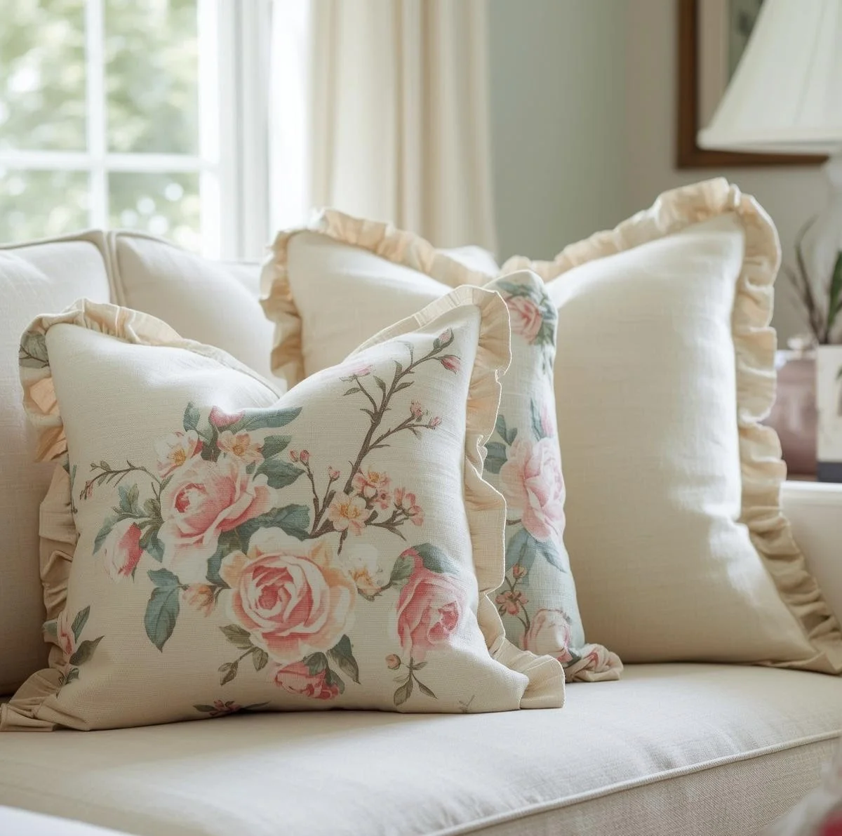 a group of spring home decor throw pillows with floral patterns on a couch