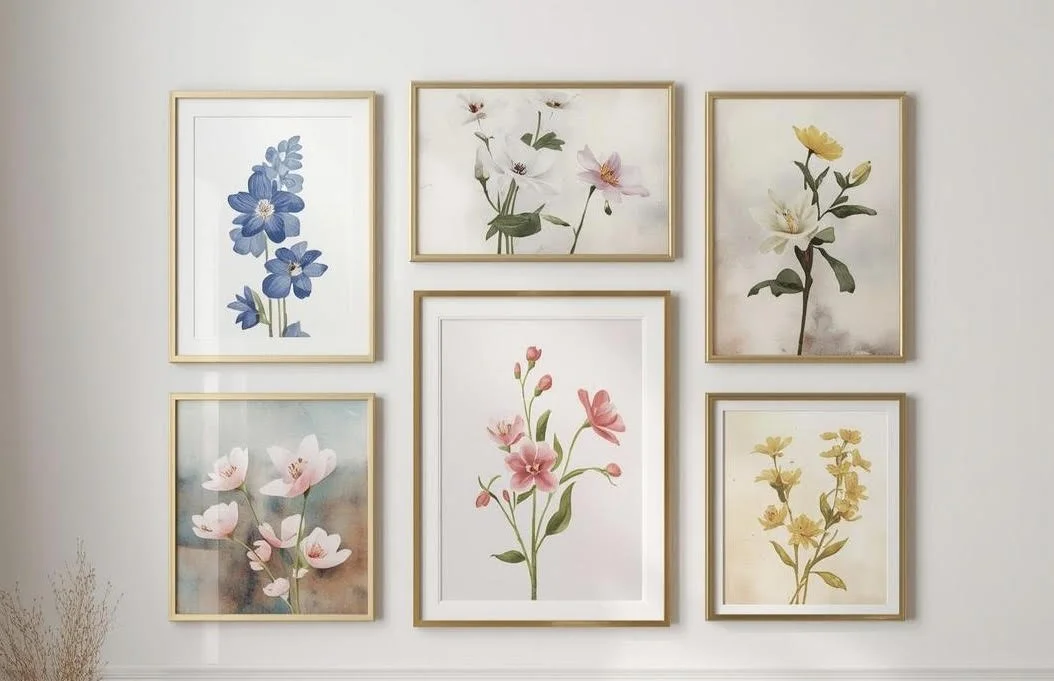 group of spring home decor flower paintings in gold frames on a wall
