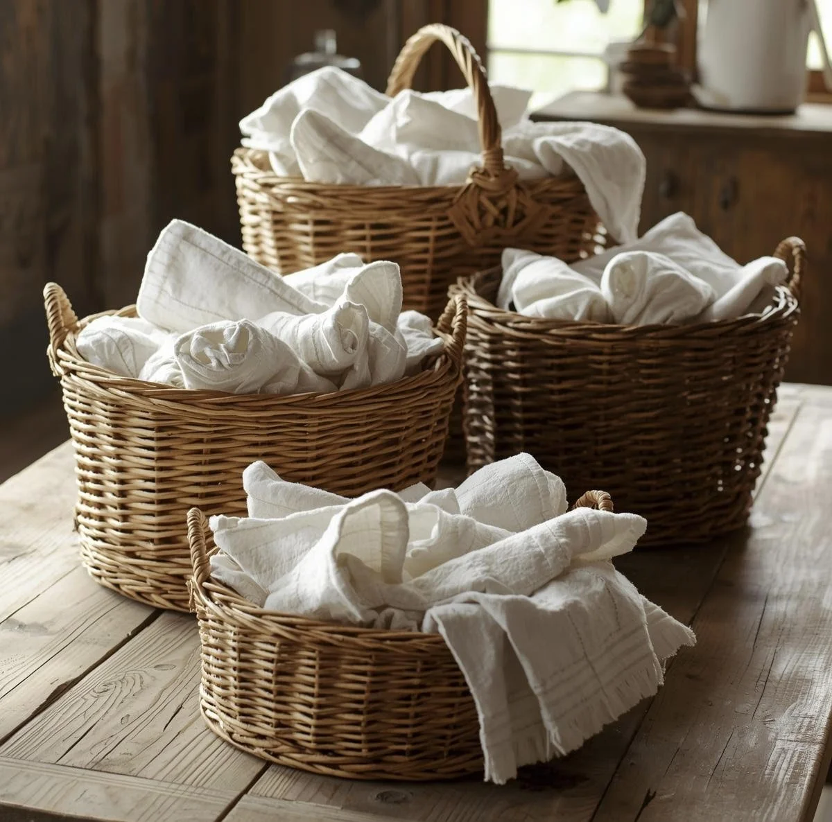 a group of wicker spring home decor baskets with white linen folded and hanging out of it