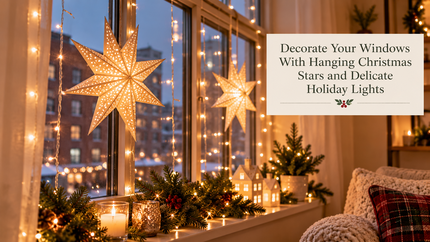 Hanging Christmas stars and warm white fairy lights decorating a small apartment window with festive greenery and candles, creating a cozy holiday atmosphere without taking up floor space.