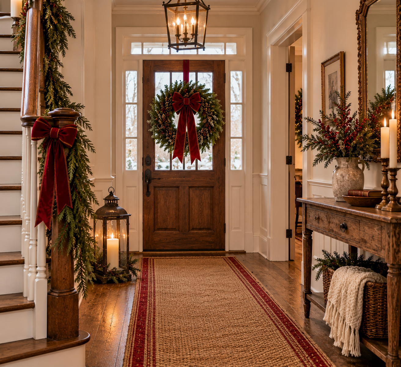 Rustic Victorian farmhouse Christmas entryway featuring an evergreen wreath, red velvet bows, staircase garland, vintage lantern, and cozy holiday accents.