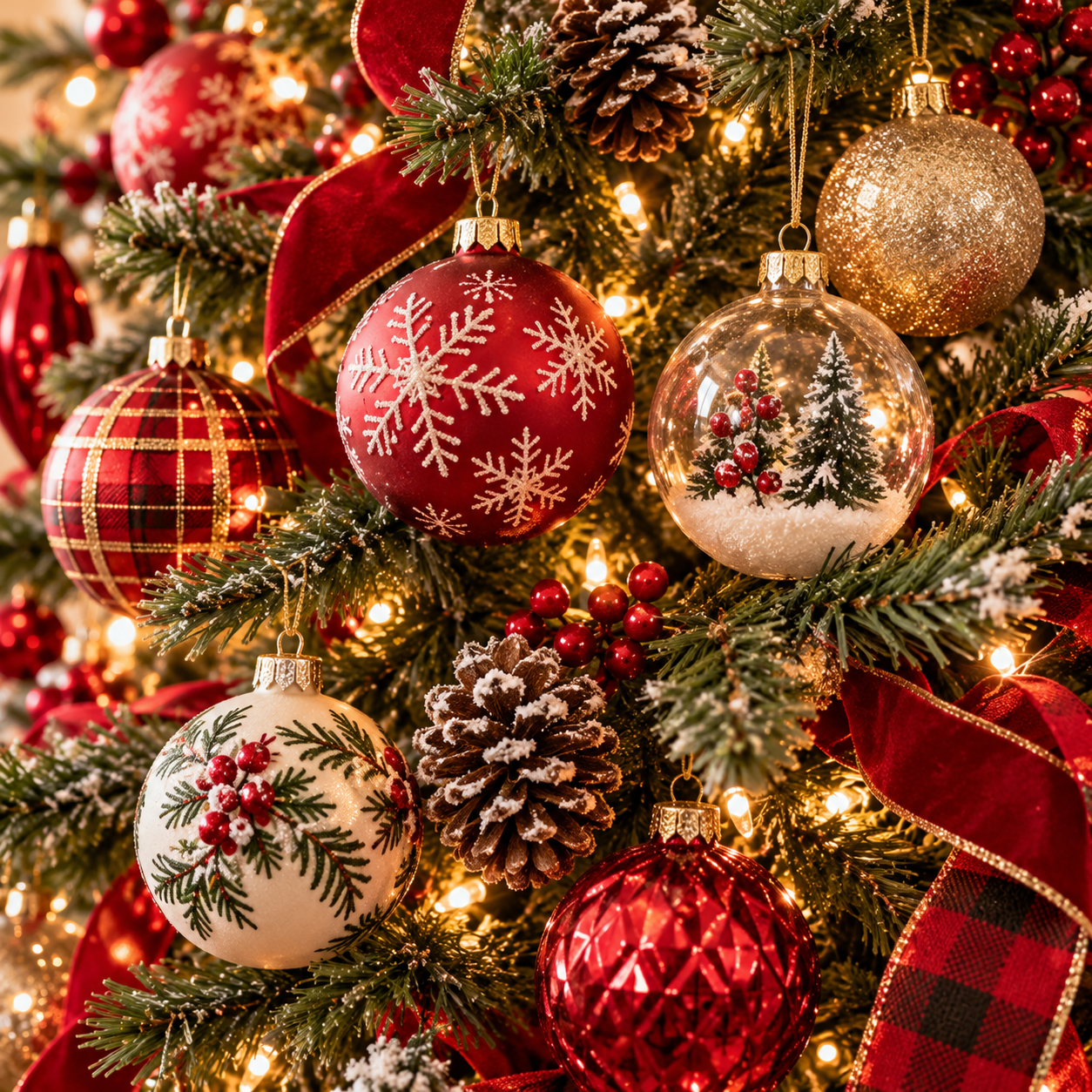 Close-up of a Christmas tree decorated with red, gold, and white ornaments, velvet ribbons, frosted pinecones, and warm twinkling lights.