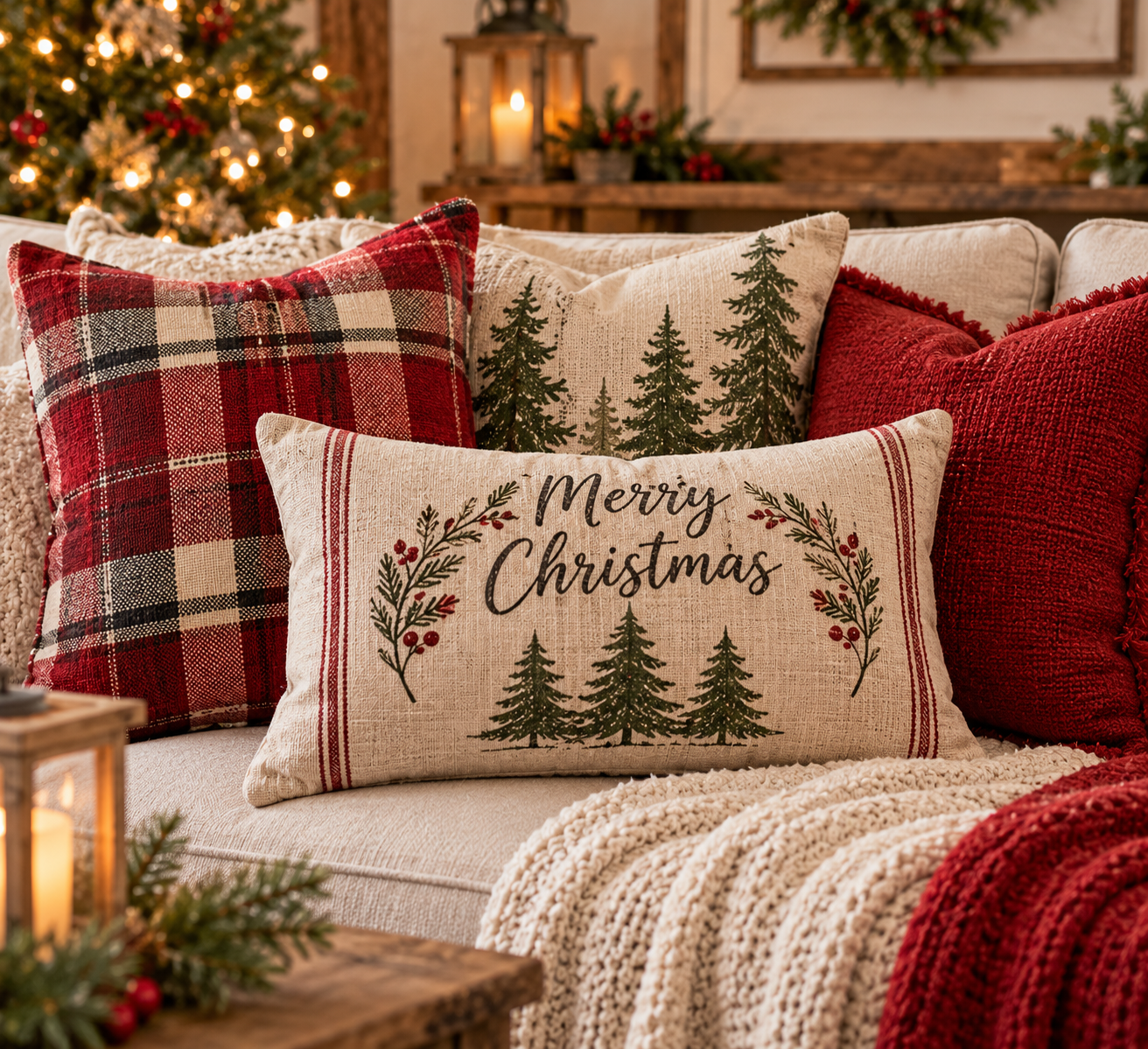 Rustic farmhouse Christmas pillows in red plaid, cream, and festive tree designs arranged on a cozy sofa with knit blankets and warm holiday lights.