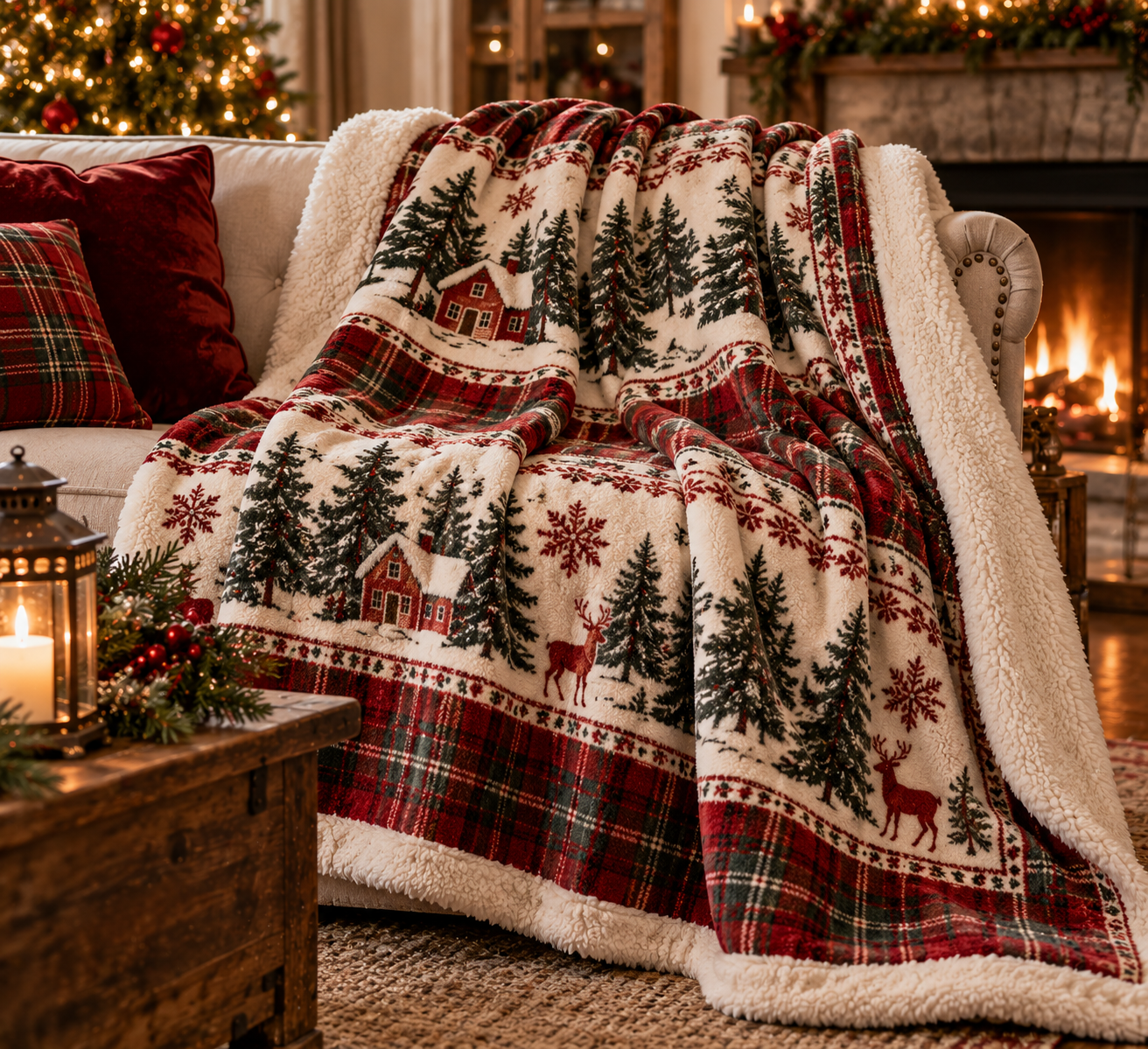 Cozy farmhouse Christmas blanket with red plaid, reindeer, snowflakes, and evergreen trees draped over a sofa beside a glowing fireplace and Christmas tree.