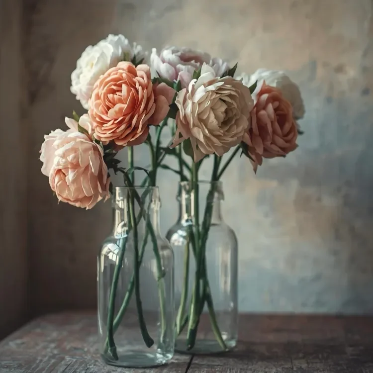 pair of clear vases with pink roses