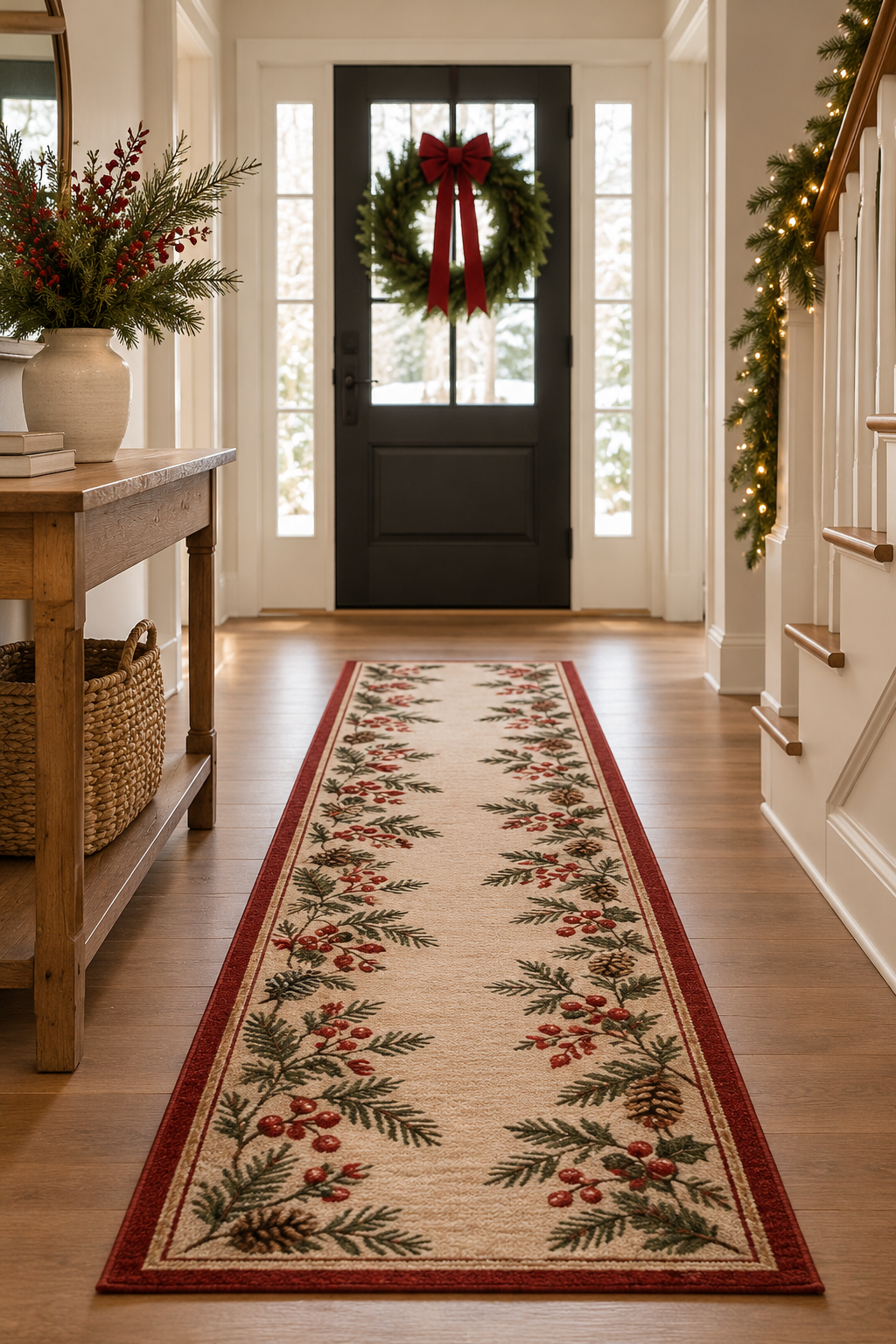 Christmas entryway decor with a festive runner rug, evergreen wreath, simple greenery, and warm farmhouse accents.
