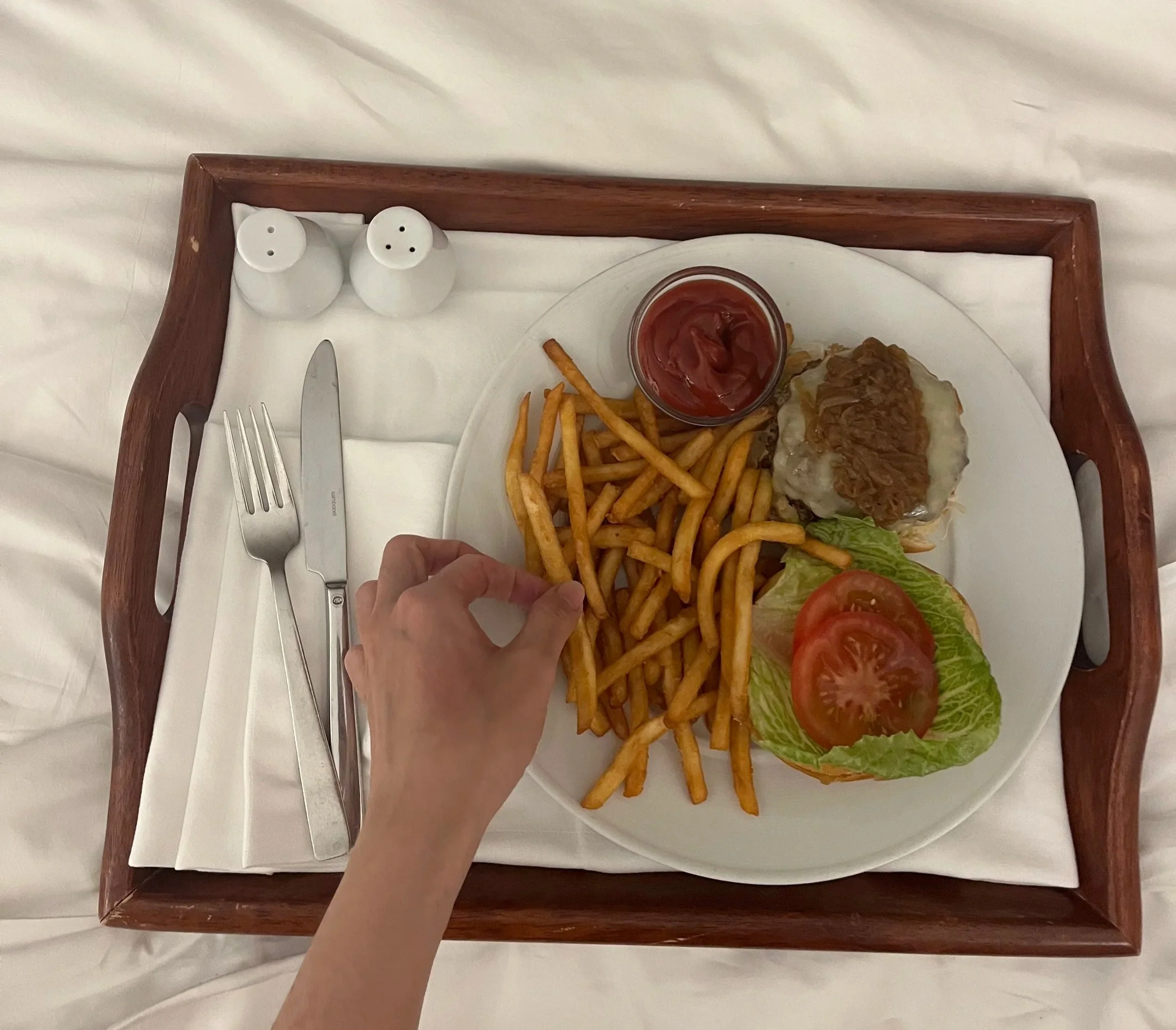 burger and fries, ordered via in-room dining at the resort
