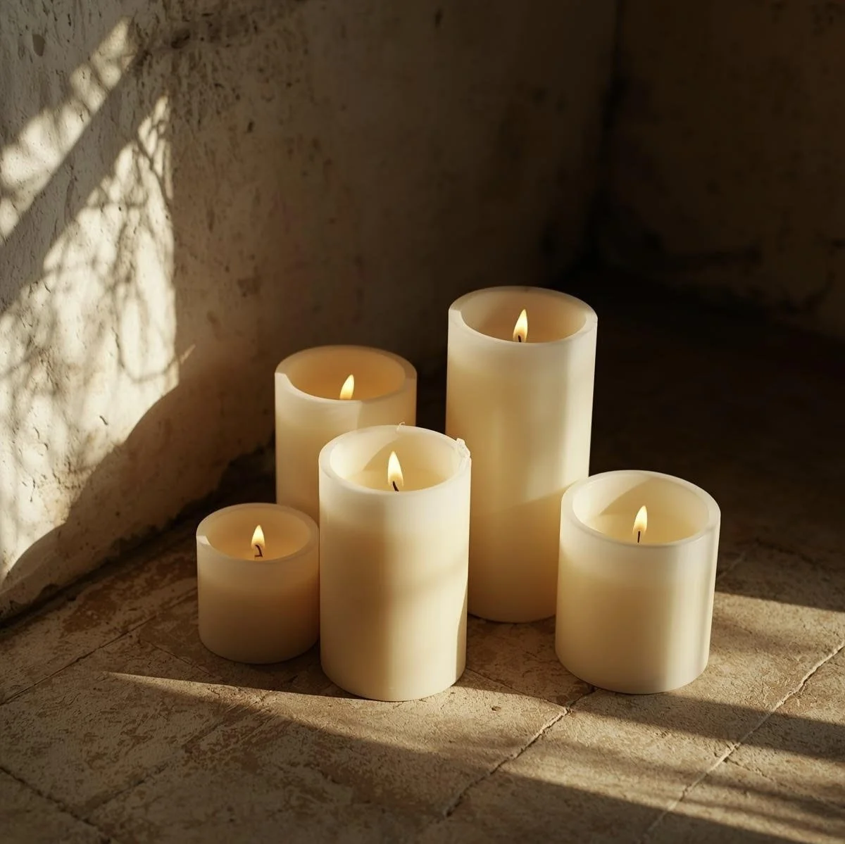 group of white spring home decor candles lit up and on a rustic floor