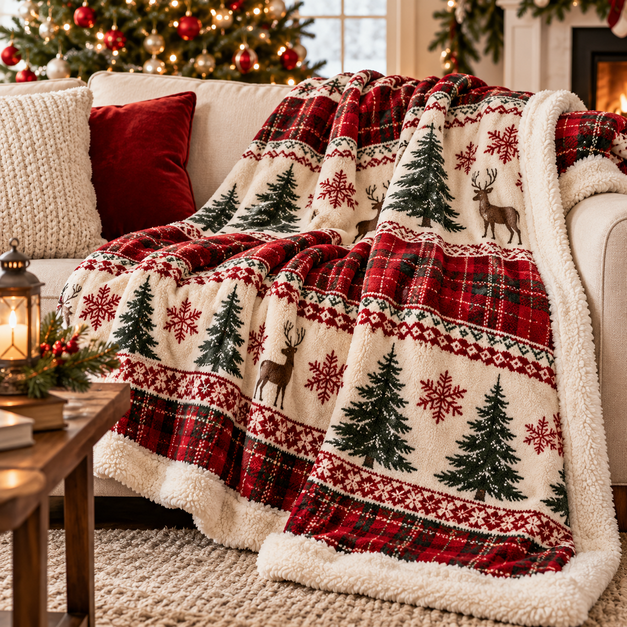 Cozy Christmas throw blanket with red plaid, snowflakes, reindeer, and evergreen trees draped over a cream sofa in a festive living room.