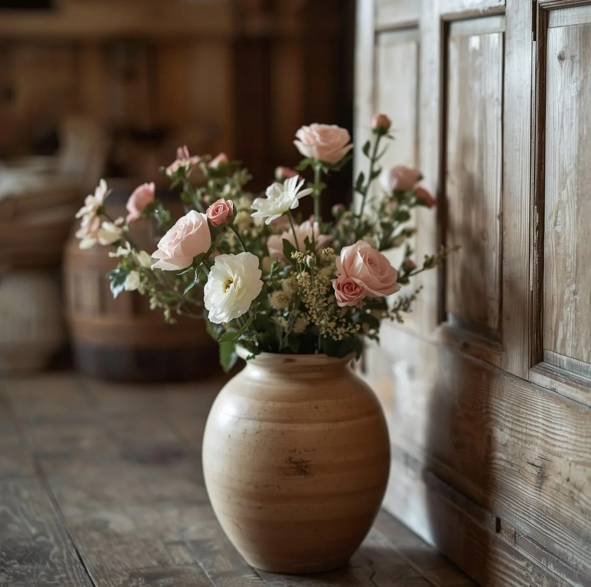 Brown rustic spring home decor vase with pink and white roses against a rustic wooden door