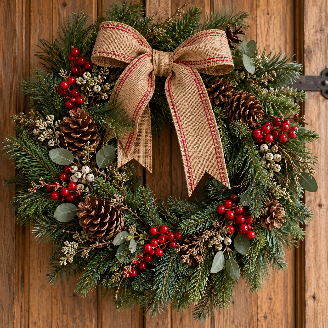 Rustic Christmas wreath with lush evergreen branches, red berries, pinecones, and a burlap bow hanging on a wooden door.