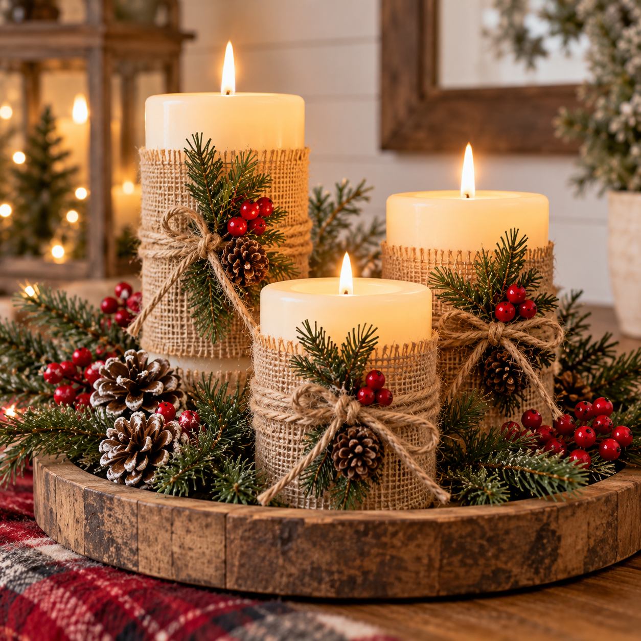 Three rustic farmhouse Christmas candles wrapped in burlap and twine, decorated with pinecones, evergreen sprigs, and red berries on a wooden tray.