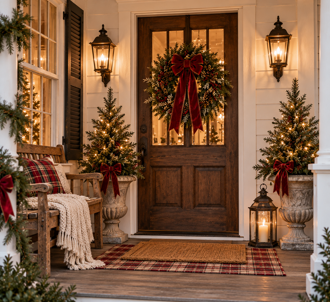 Rustic Victorian farmhouse Christmas porch decor featuring an evergreen wreath, red velvet bows, mini Christmas trees, vintage lanterns, and a cozy wooden bench.