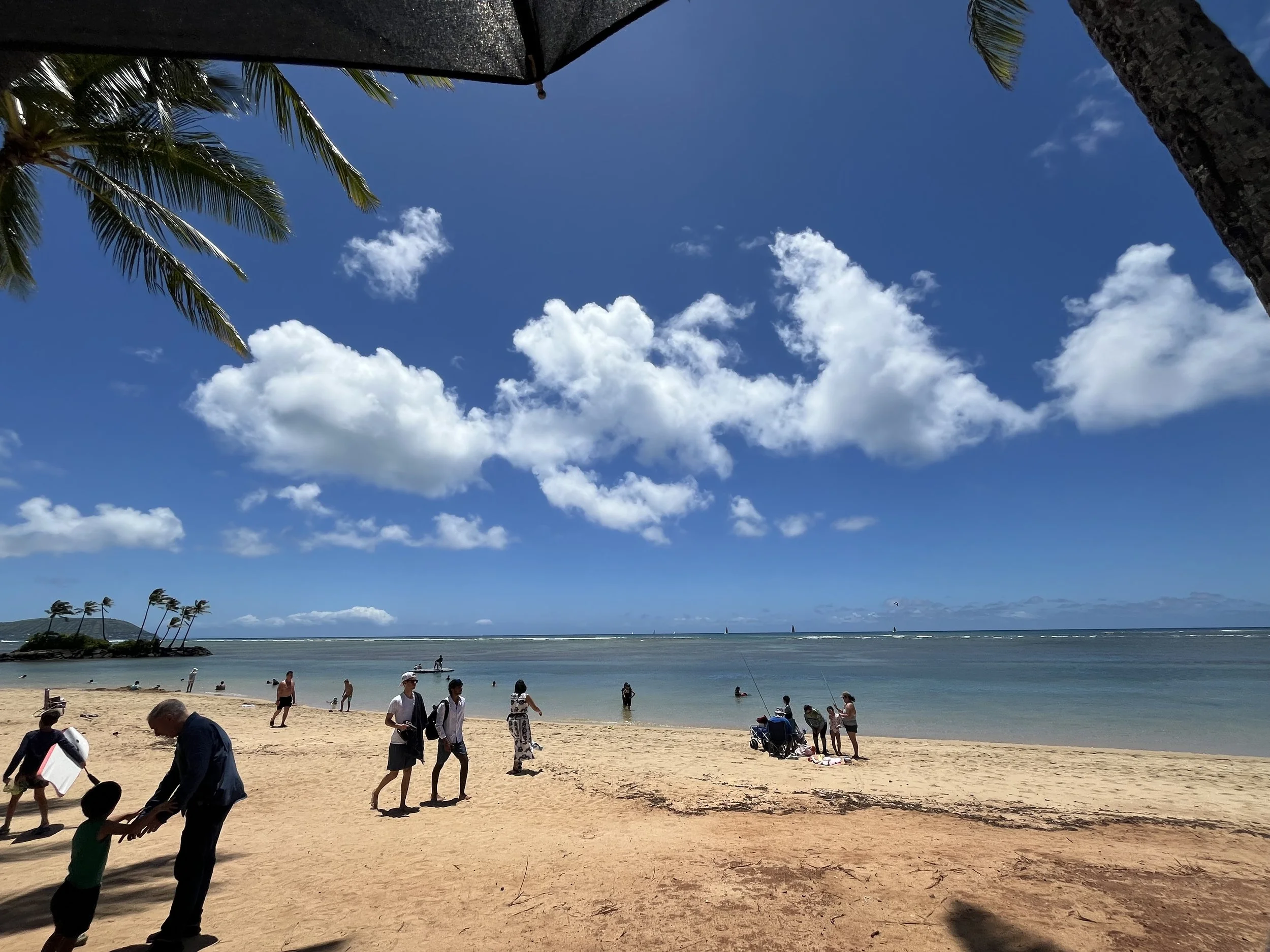 Landscape of beach on sunny day at the Kahala Resort in O'ahu with people lounging and walking around.