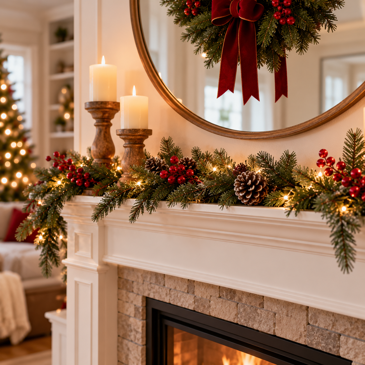 Cozy Christmas mantel decorated with evergreen garland, red berries, pinecones, twinkling lights, and candles beneath a festive wreath and round mirror.
