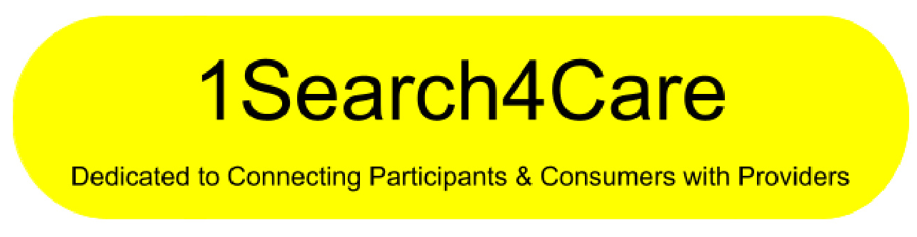 A yellow oval badge with black text that reads "1Search4Care" and a subtitle stating "Dedicated to Connecting Participants & Consumers with Providers."