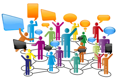 Colorful illustrated people gathered with speech bubbles, symbolizing a discussion or communication.