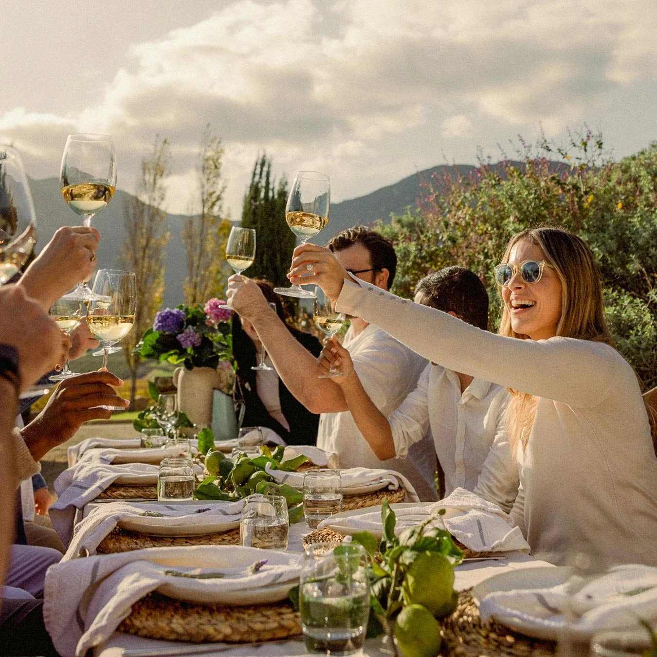 People raising glasses of white wine at an outdoor dinner party on a sunny day with mountains and trees in the background. Private luxury villa (accommodation) in Hemel-en-Aarde, Hermanus.
