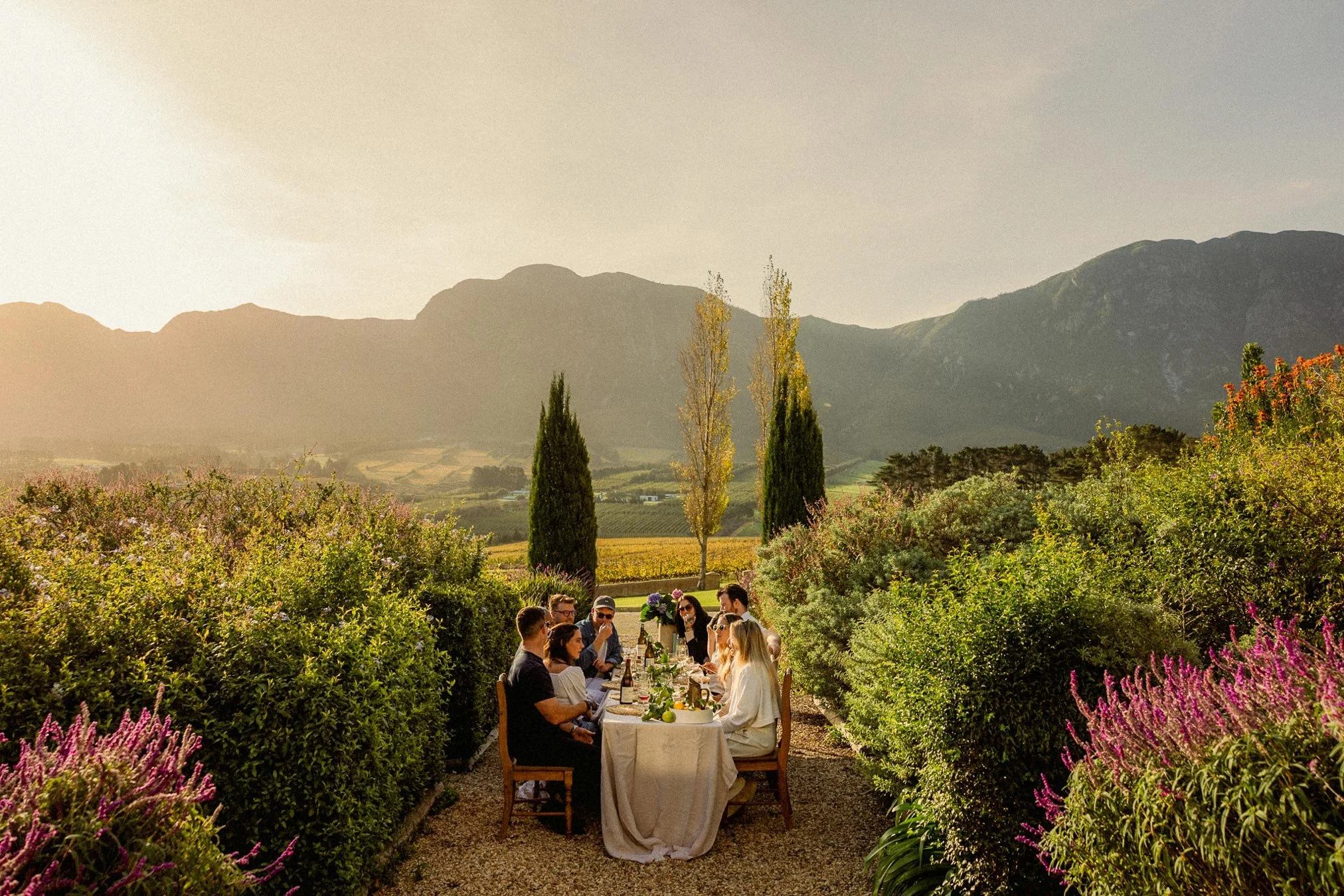 A group of people dining outdoors at a long table set with plates and drinks, surrounded by lush green plants and flowers, with mountains and a sunset sky in the background. Private luxury villa (accommodation) in Hemel-en-Aarde, Hermanus.