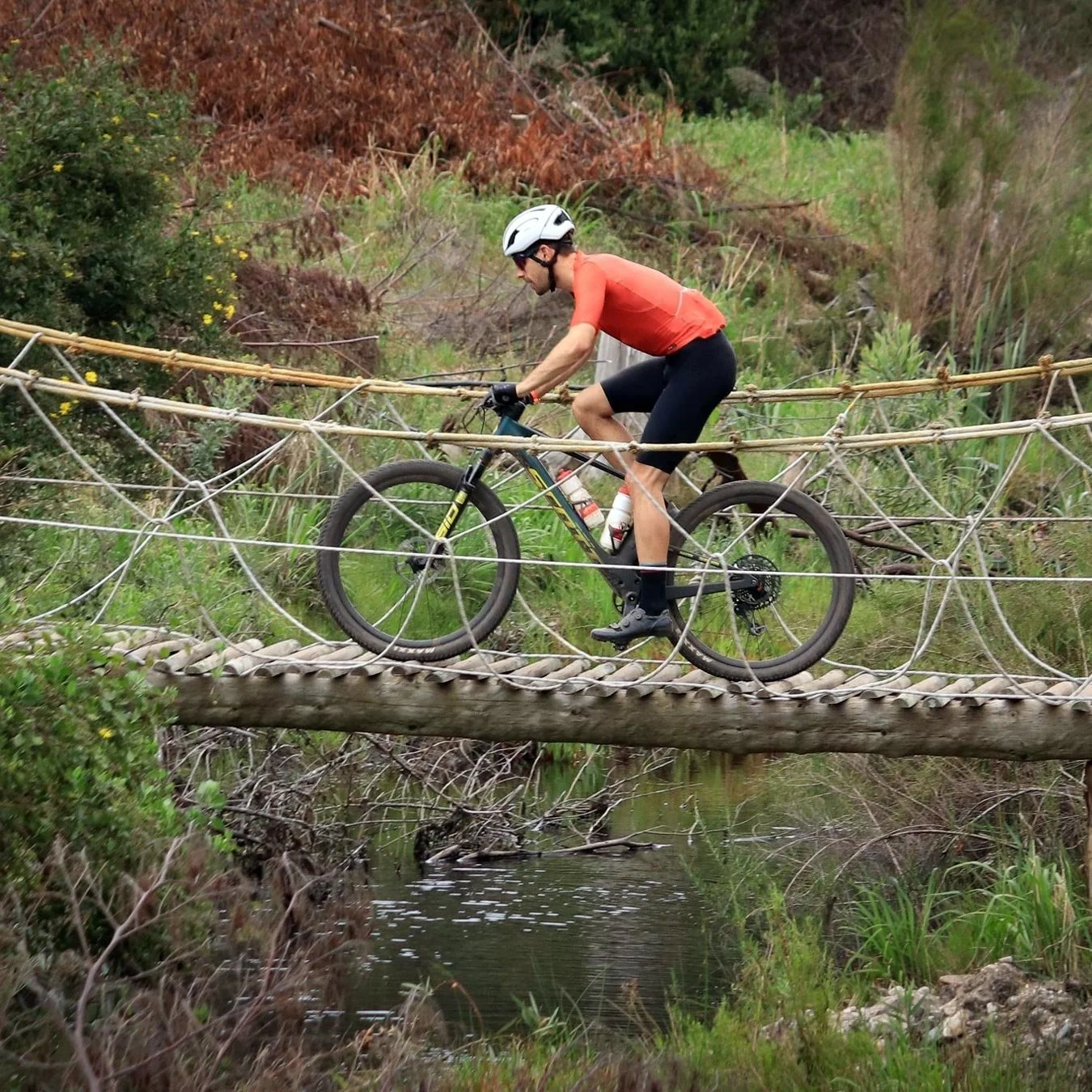 A man riding a mountain bike on a suspension bridge in a natural, outdoor setting with grassy and shrubbery surroundings. Hemel-en-Aarde, Hermanus.