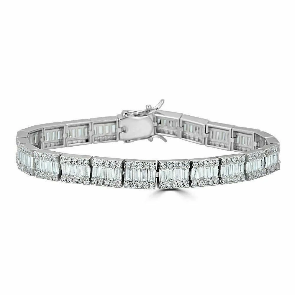 Solid 925 Sterling Silver VVS Simulated Baguette  & Round Cut Diamond Bracelet (rectangle links)