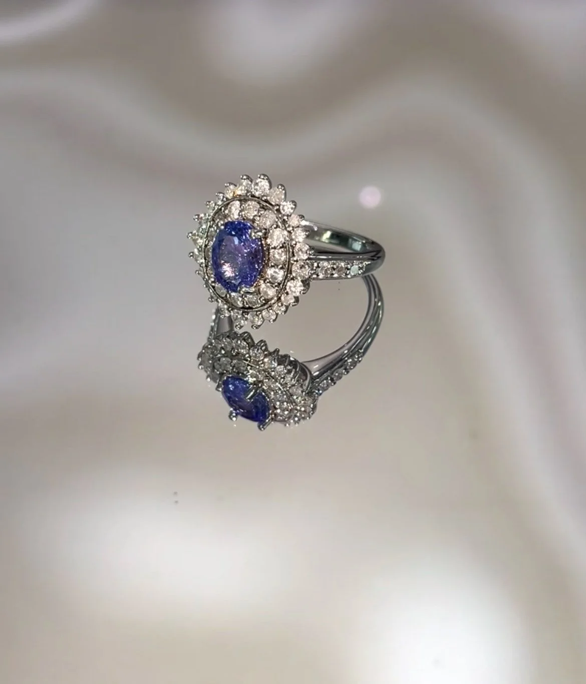 Tanzenite Halo Diamond Silver Ring