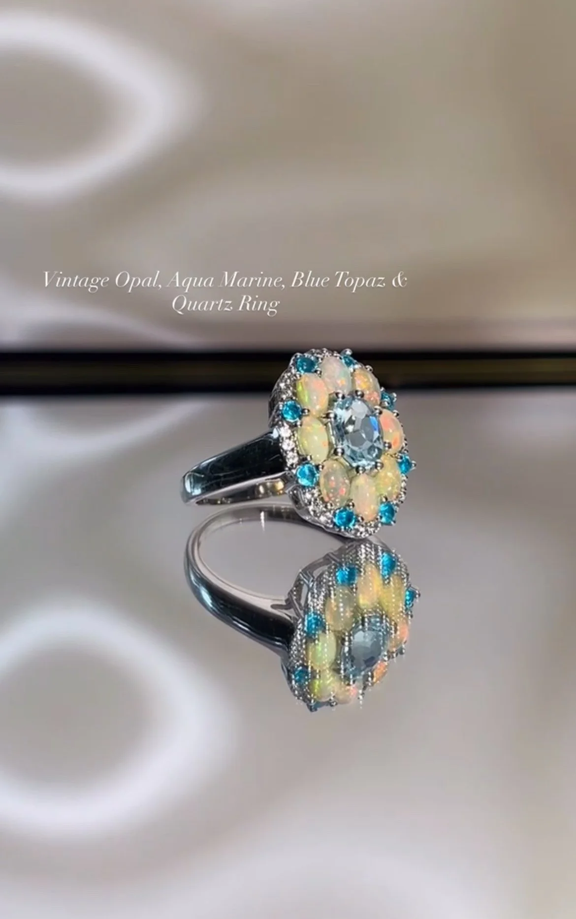 Vintage Opal, Aqua Marine, Blue Topaz & Quartz. Ring