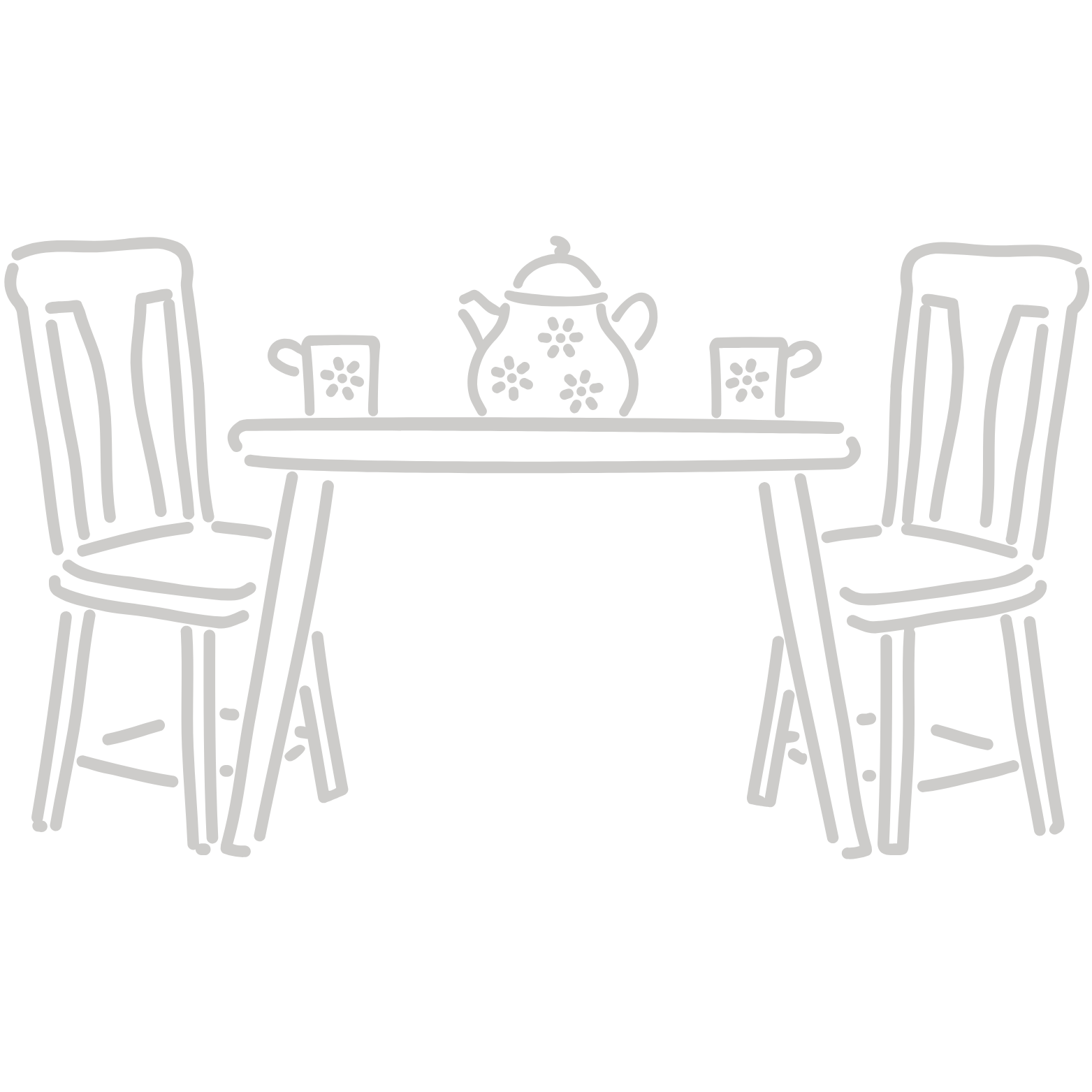 Line drawing of a dining table set with a teapot and two cups, with two chairs on either side, on a black background.