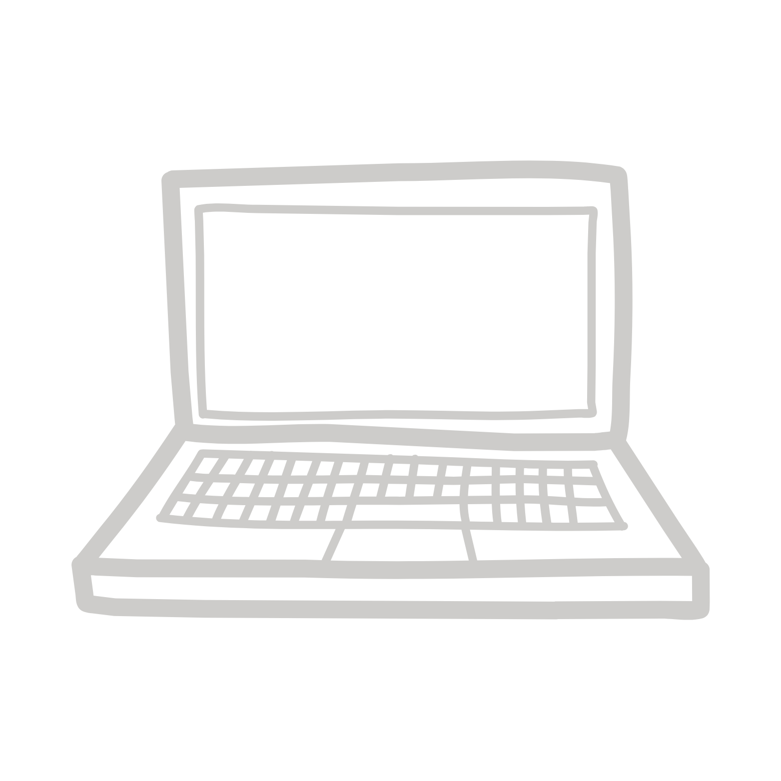 Line drawing of an open laptop computer with a blank screen and a keyboard, on a black background.