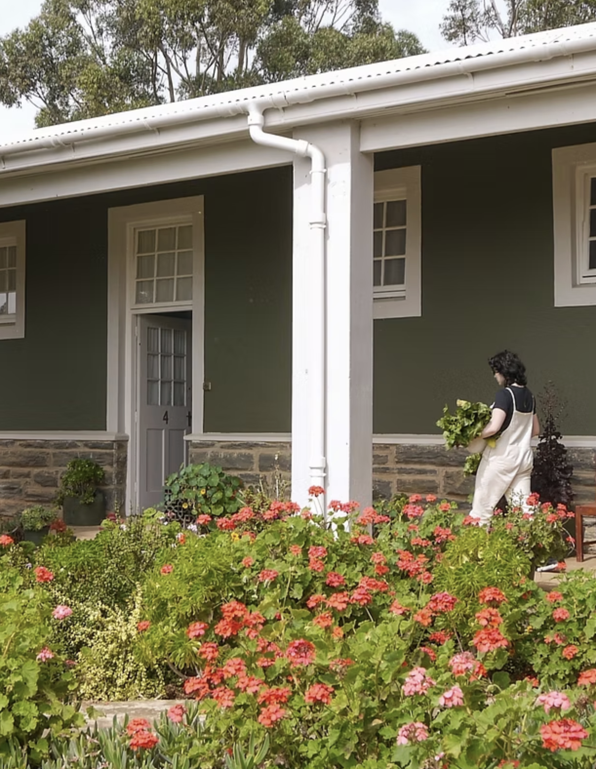 A woman in white overalls holding a potted plant walks past a green house with white trim and flowering bushes in front.