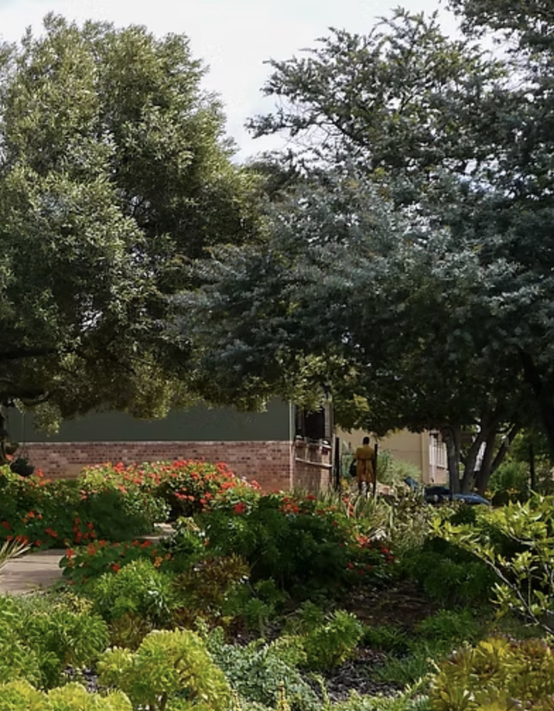 A garden with colorful flowers, green shrubs, and trees, with a person in a yellow coat walking near a house with a brick and green wall.
