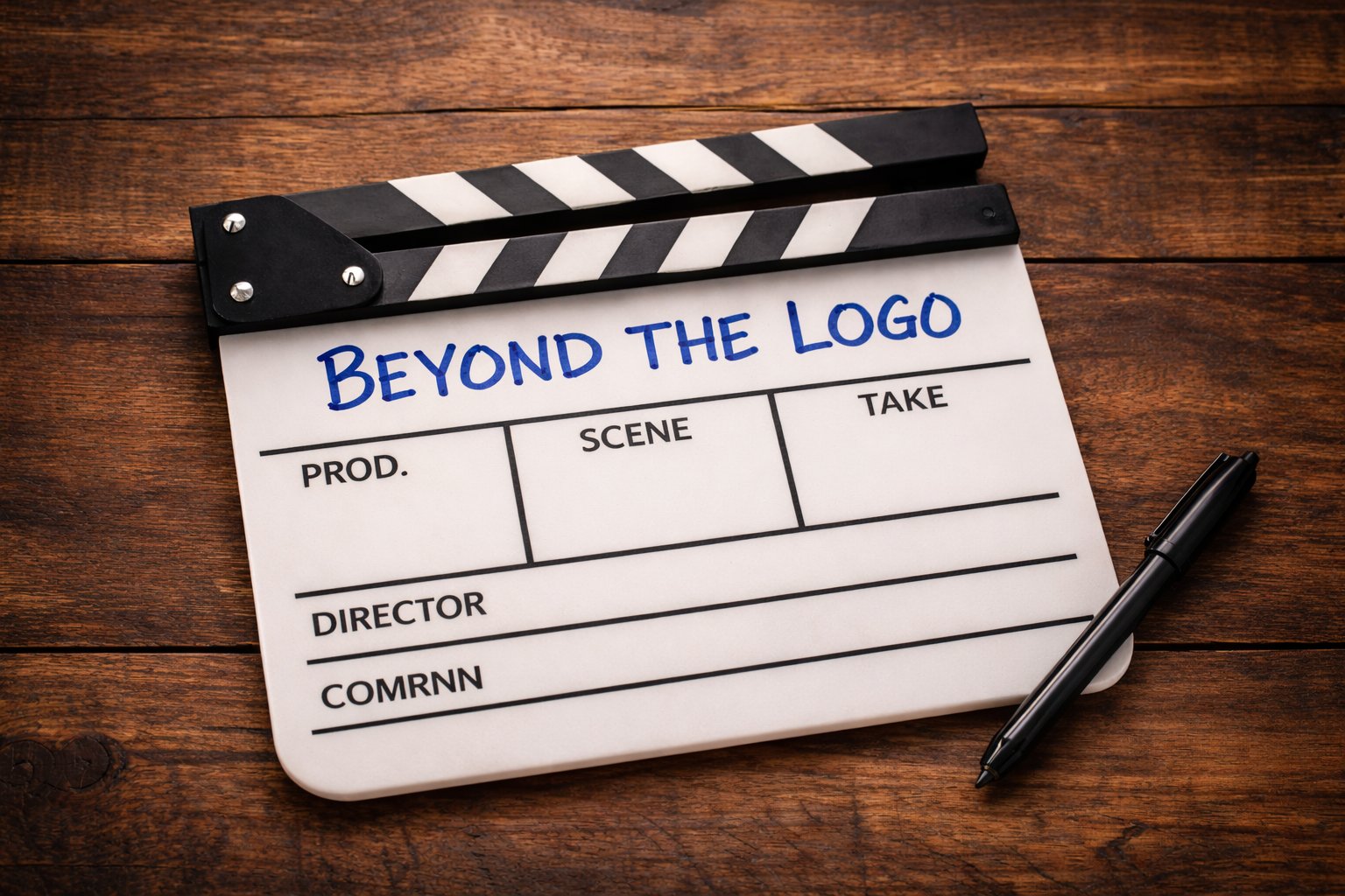 Clapperboard with 'Beyond the Logo' written on it, placed on a wooden surface, with a black pen next to it.