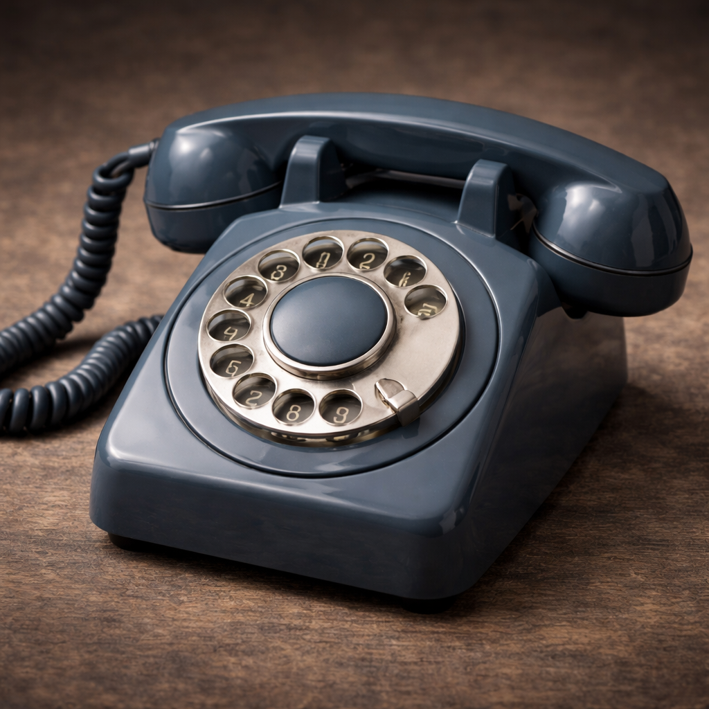 Vintage blue rotary dial telephone on a wooden surface.