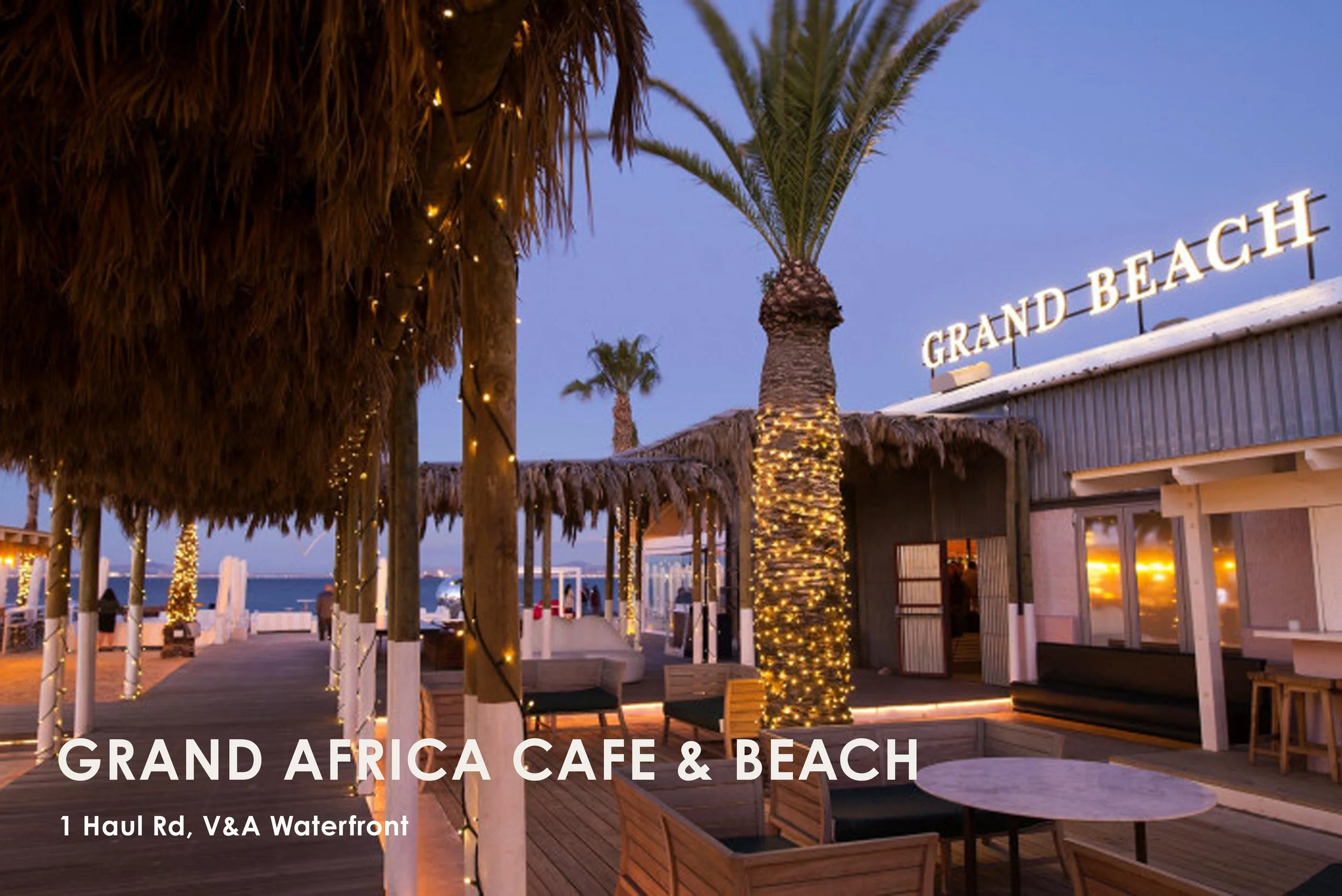 Grand Africa Café & Beach is a stylish beachfront restaurant and bar set on the shores of the Atlantic with views toward Robben Island. Known for its barefoot luxury atmosphere, it’s a perfect spot for long lunches, sunset cocktails, and relaxed seas