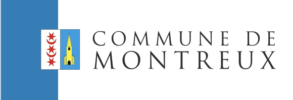 Logo de la commune de Montreux, avec un symbole en bleu, blanc et rouge et le texte 'Commune de Montreux'.
