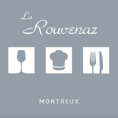 Logo de restaurant avec icônes de verre, toque de chef, et fourchette et couteau, texte en français.