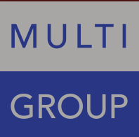 Logo avec le texte 'MULTI' en haut et 'GROUP' en bas, fond gris et bleu