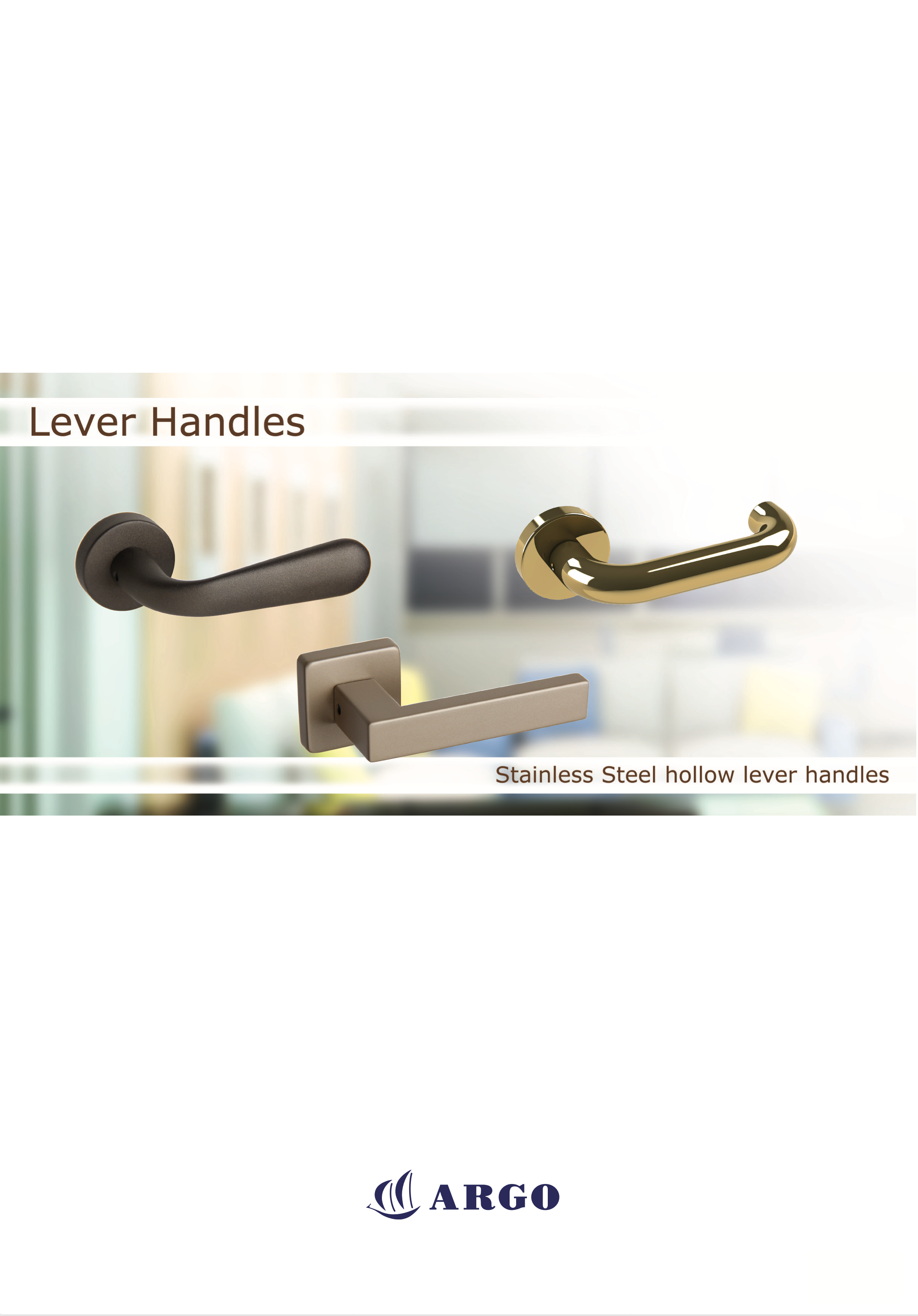 Display of three stainless steel hollow lever door handles in different finishes with the text 'Lever Handles' and 'Stainless Steel hollow lever handles'.