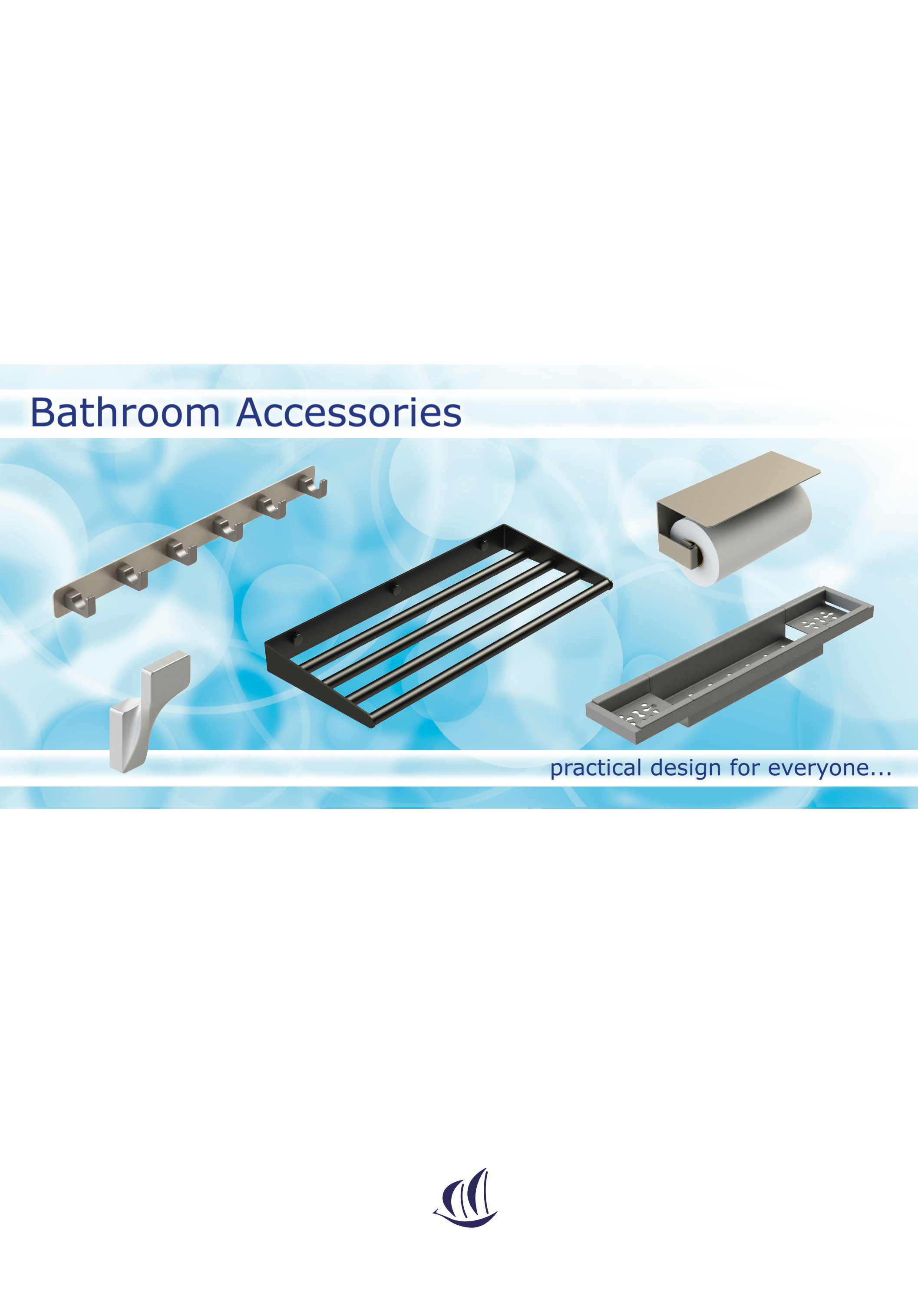 Cover of a bathroom accessories catalog featuring various hardware items like hooks, racks, and holders against a blue background with bubbles and the text 'Bathroom Accessories' and 'practical design for everyone...'.