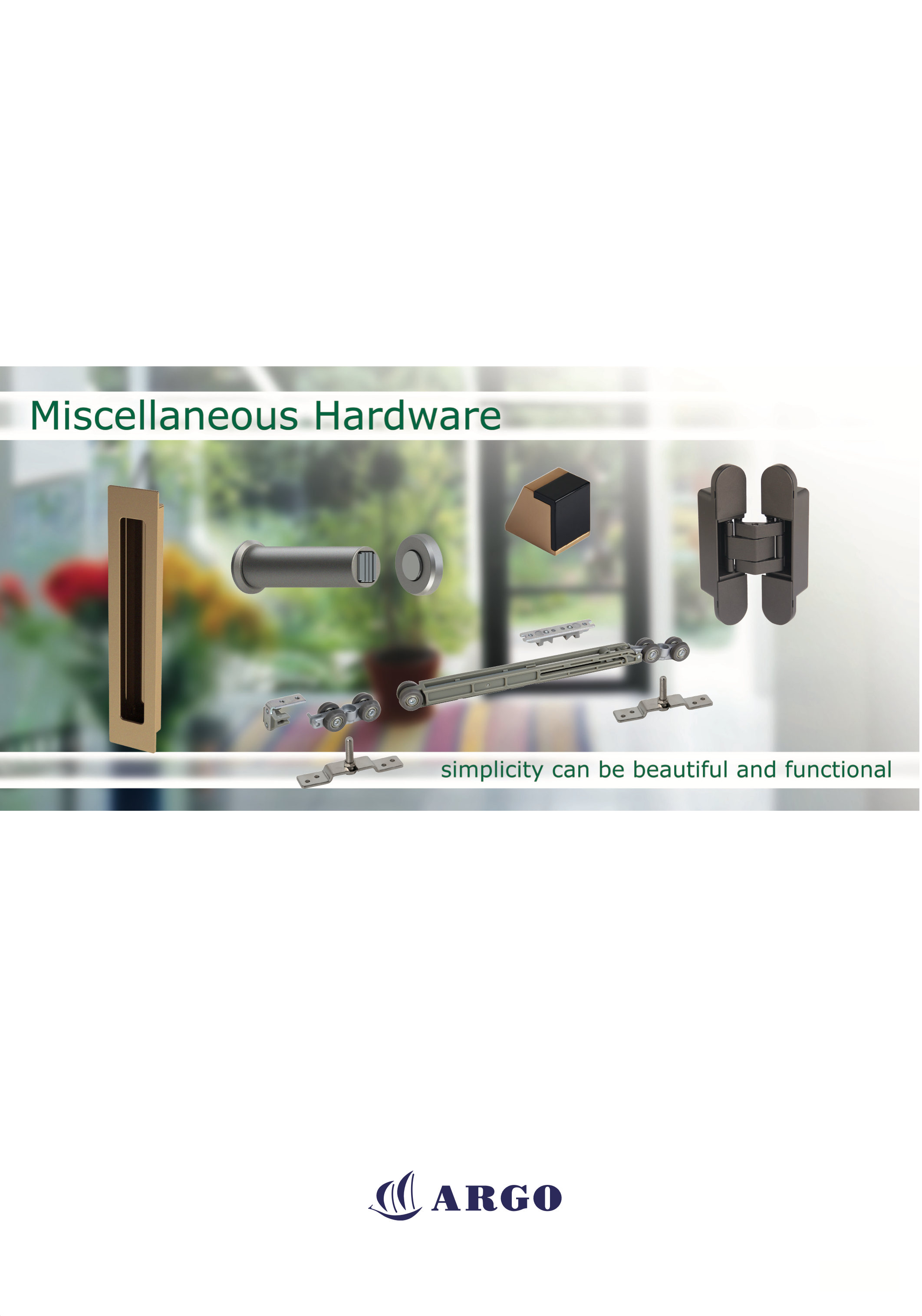 A catalog cover featuring miscellaneous hardware components like hinges, rollers, brackets, and sliding mechanisms, with a blurred background and the company Argo logo at the bottom.