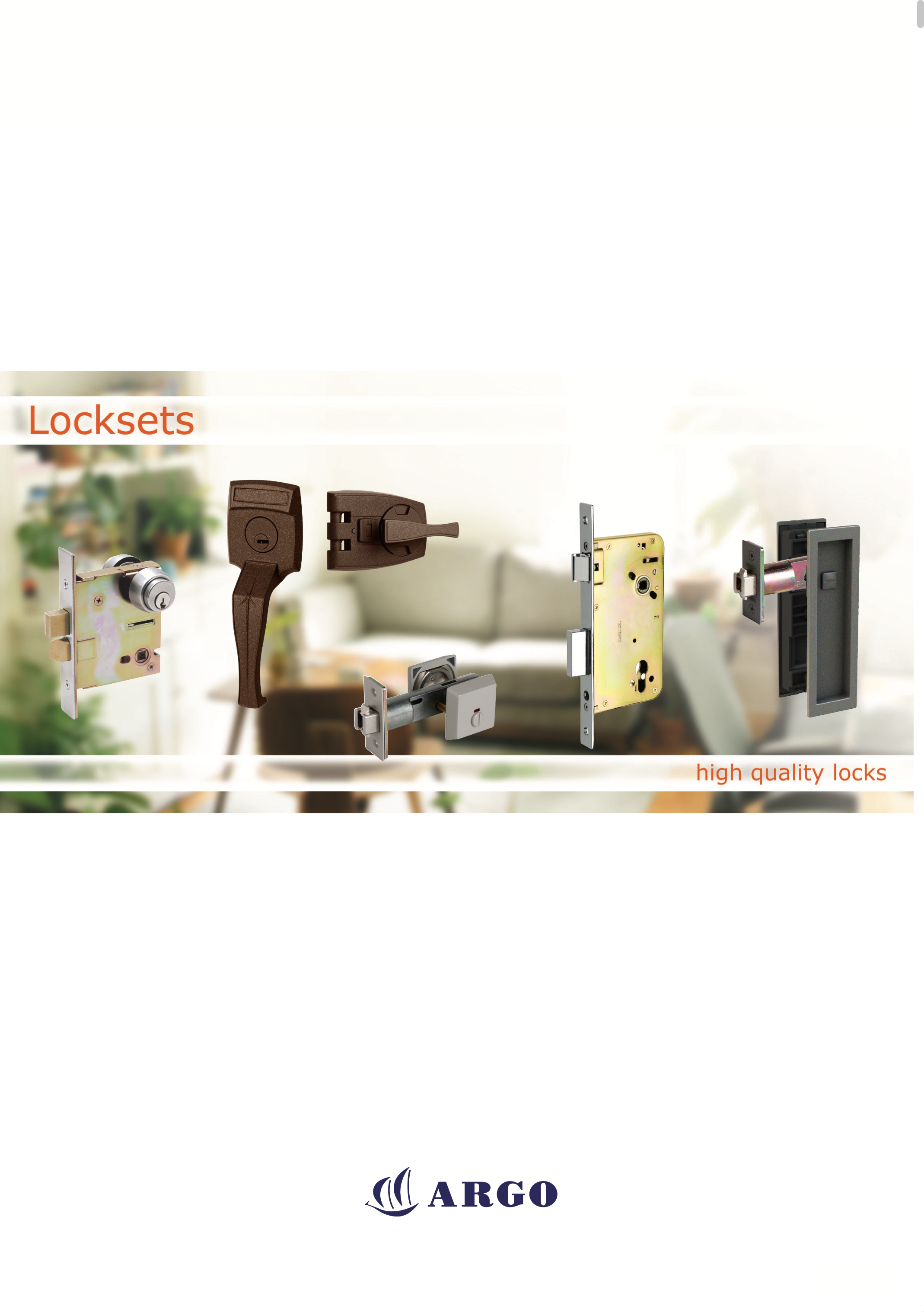 Various high-quality door locks and locksets displayed in a row with a blurred living room background, Argo brand logo at the bottom.