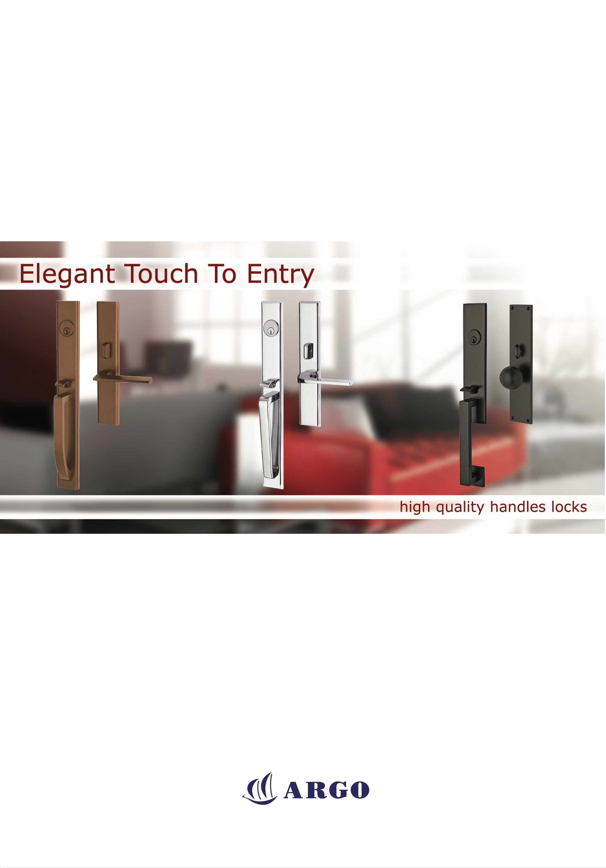 Display of three different high quality handles locks in bronze, silver, and black colors, set against a blurred indoor background with a red couch and windows.