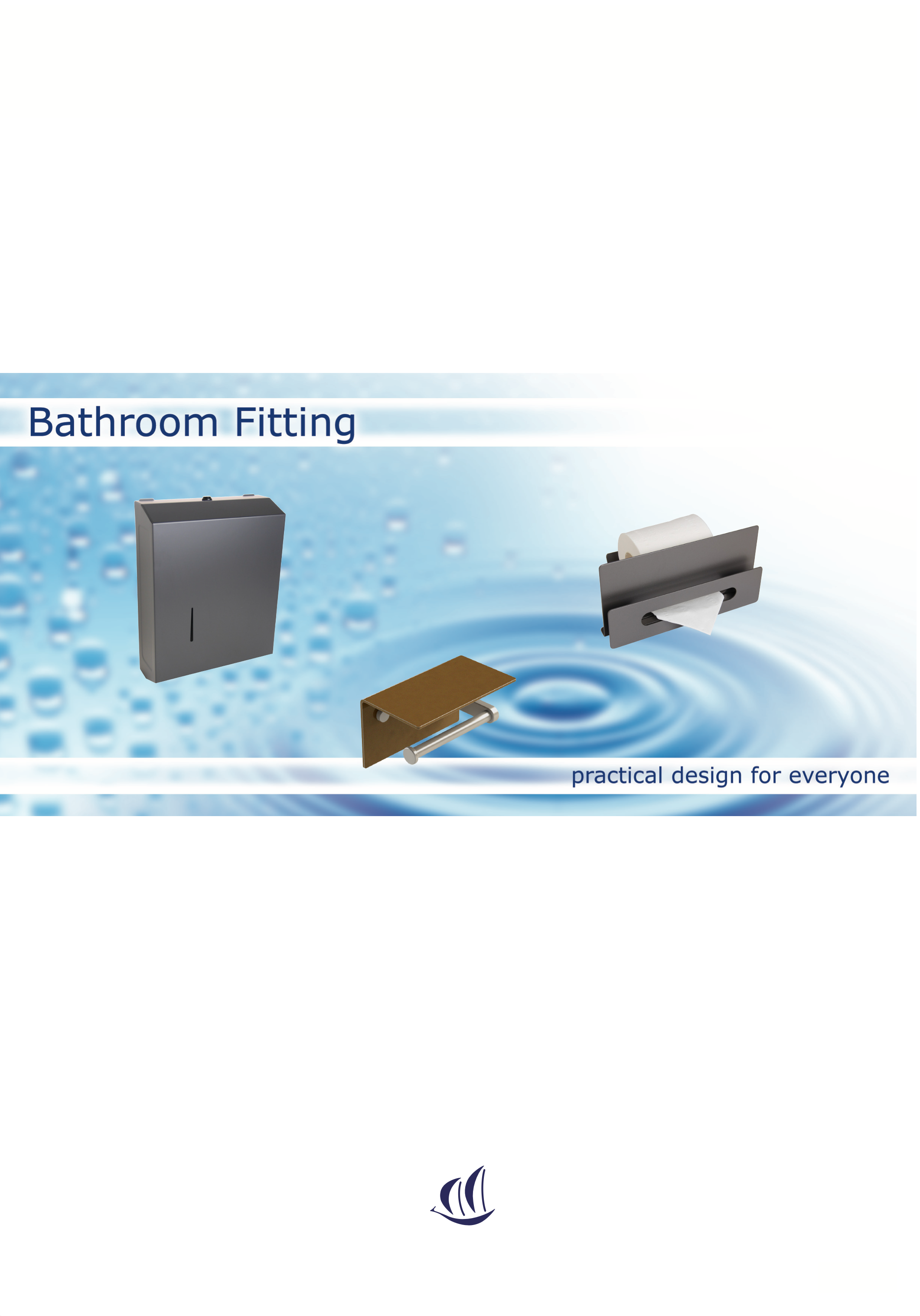 Cover page of a product catalog showing bathroom fitting accessories with a water ripple background, featuring a toilet paper holder, tissue dispenser, and toilet paper case.