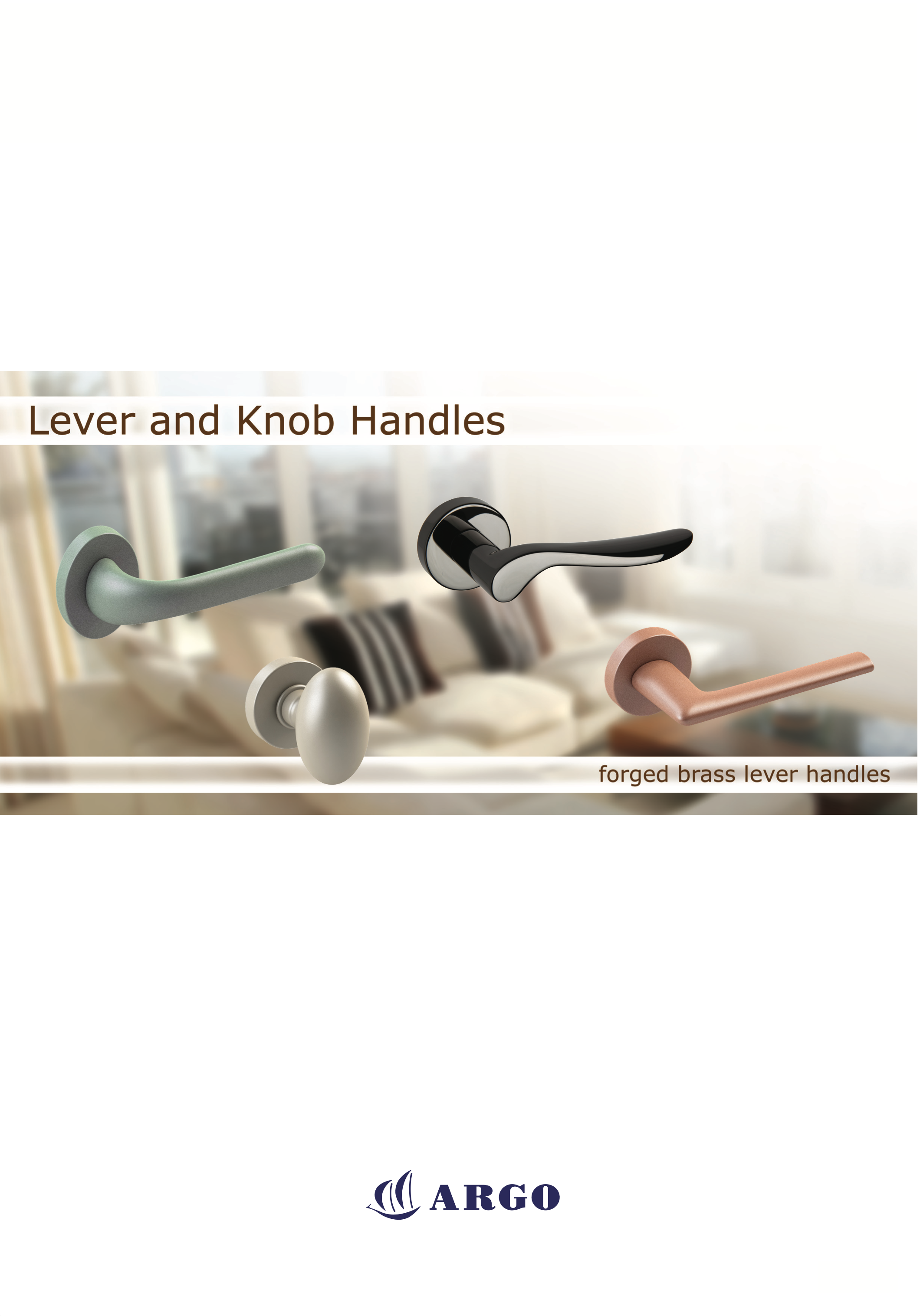 Cover of a catalog showing four different forged brass lever handles in various colors, with the title 'Lever and Knob Handles' and the logo 'ARGO' at the bottom.