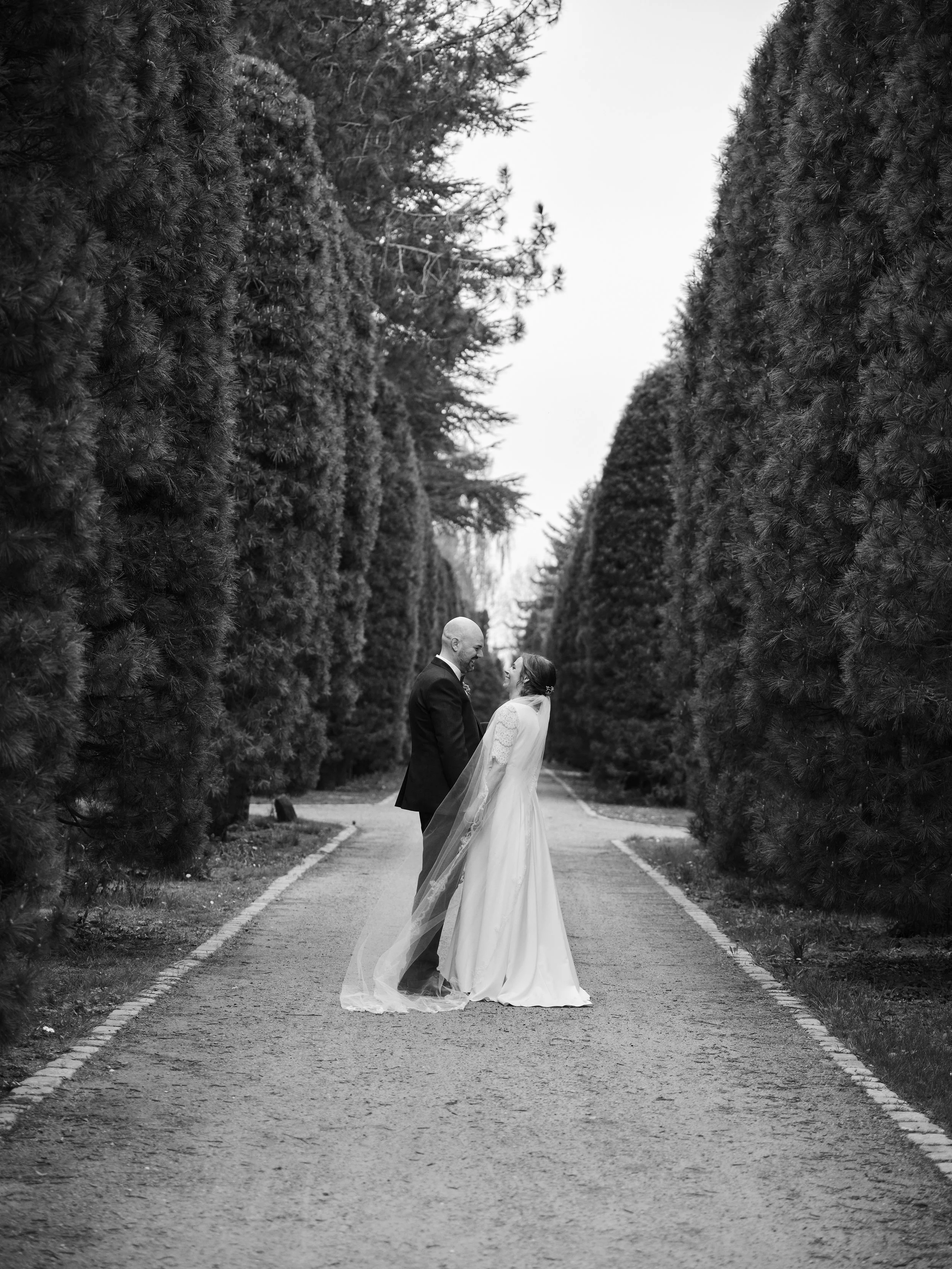 A bride and groom standing together in a tree-lined pathway, holding hands and looking at each other, with the bride wearing a long dress and veil, and the groom in a suit, captured in black and white.