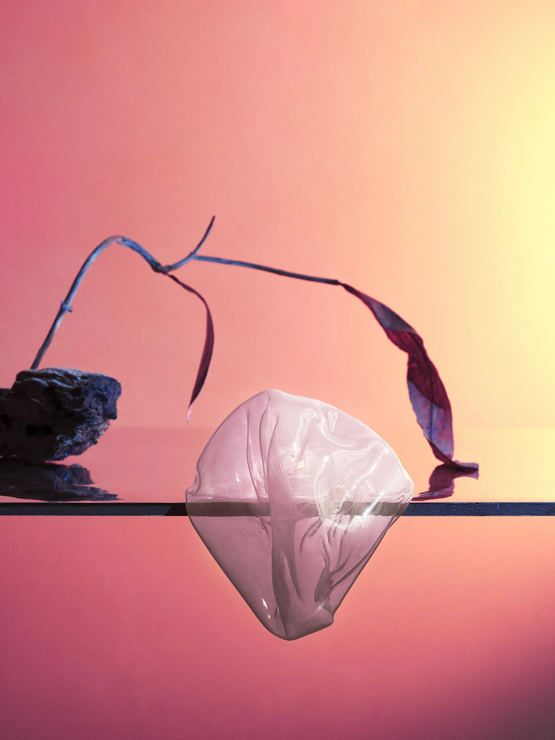 A dried, curled leaf and a piece of dark wood on a colorful gradient background with pink, orange, and yellow hues. A transparent, irregularly shaped glass or crystal object is positioned on a reflective surface, creating a mirror image. Reevein